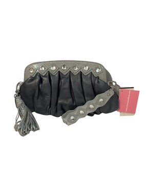 Charm & Luck Y2K Ruched Leather Wristlet Crystal Gem Clutch Charcoal Gray NWT